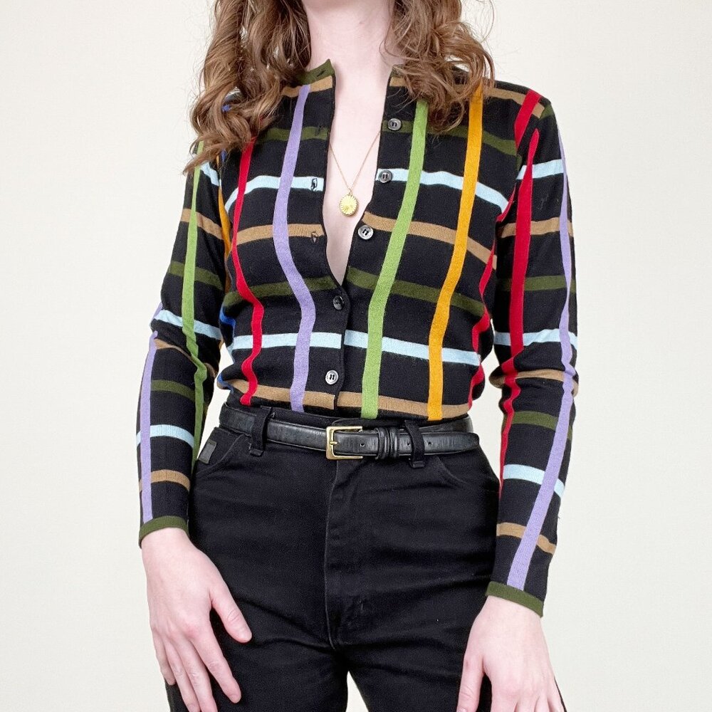 Vintage Plaid Knit Wool Crop Cardigan Sweater Preppy Colorful Rainbow Cropped - Picture 2 of 6